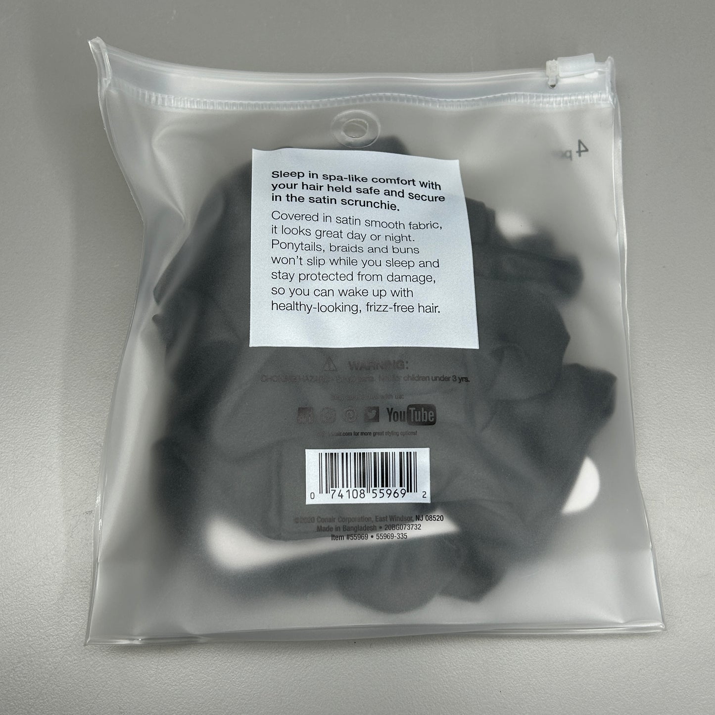 CONAIR 3-PACK! The Basik Edition Satin Sleep Scrunchies Black (New)