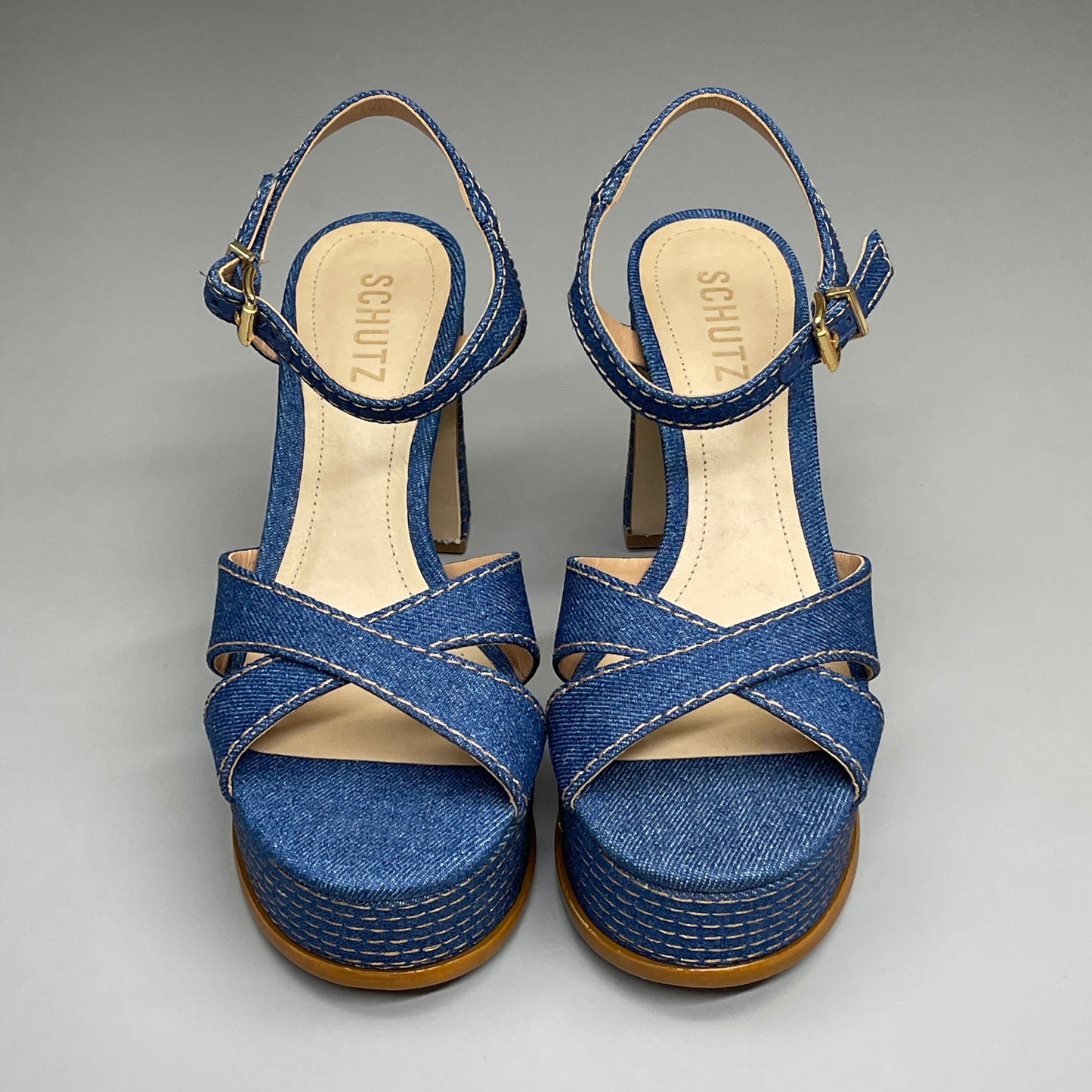 SCHUTZ Keefa Casual Denim Women's 4" Heeled Sandal Platform Blue Sz 7.5B (New)
