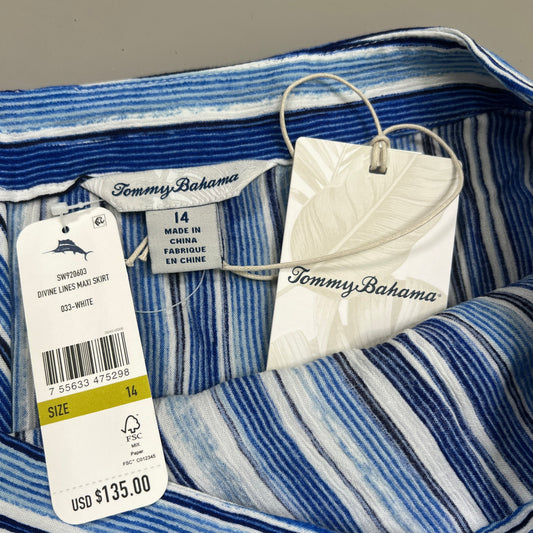 TOMMY BAHAMA Women's Divine Lines Maxi Skirt White Blue Boho Stripe Size 14 (New)