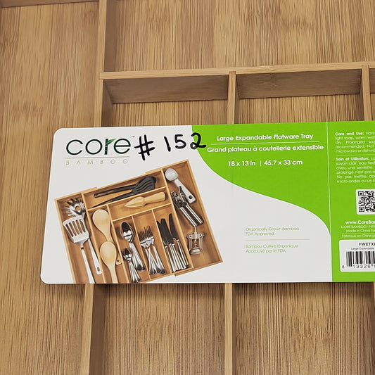 CORE BAMBOO Large Expandable Flatware Tray Organic Bamboo 18"x13" FWETXL411