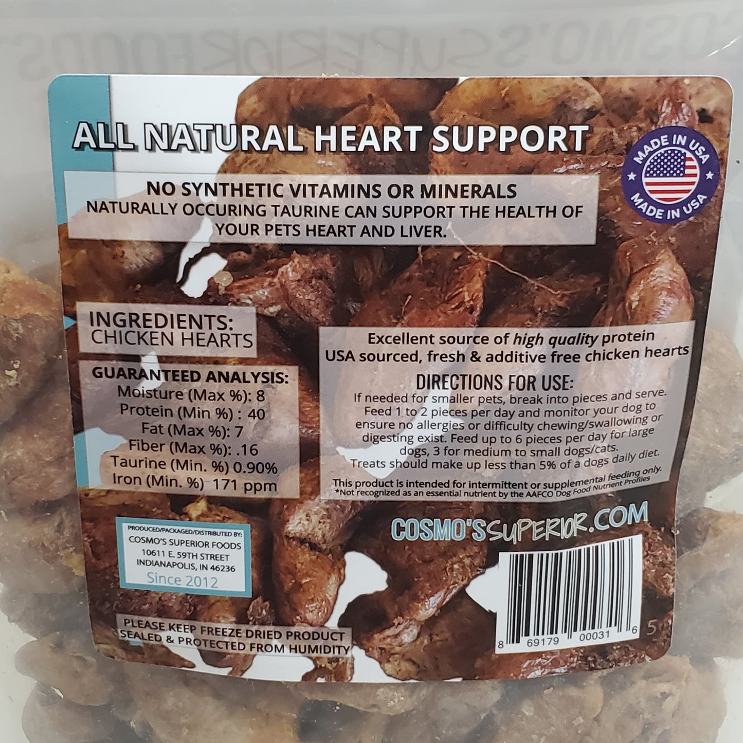 COSMO'S SUPERIOR FOODS Whole Chicken Hearts Dog Food 5 oz BB 04/26
