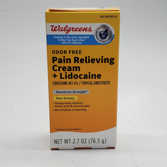 WALGREENS (2 Pack) Pain Relieving Cream + Lidocaine Topical Anesthetic 2.7 OZ BB 01/27