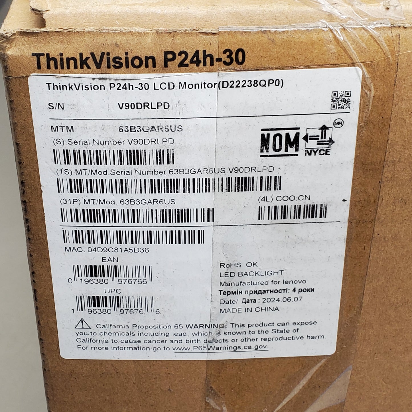 LENOVO THINKVISION LCD Monitor V90DRL P24H-30 23" Black 63B3GAR6US (New Other)