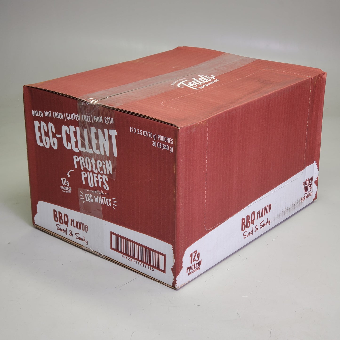 ZA@ TODDS (12 Pack) Egg-Cellent Protein Puffs BBQ Flavor Sweet & Smokey 2.5 oz BB 12/25 E