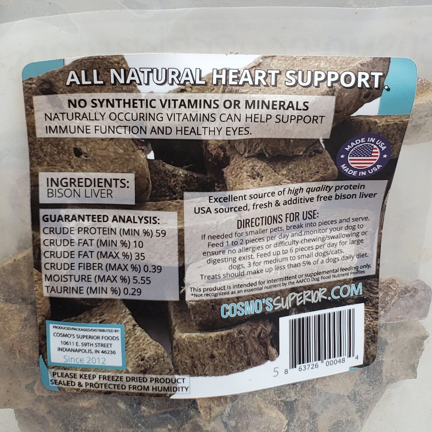 ZA@ COSMO'S SUPERIOR FOODS (4 Pack) Freeze Dried Bison Liver Cat & Dog Food 5 oz BB 02/26
