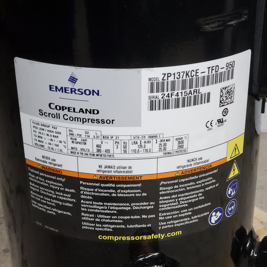 EMERSON Copeland Scroll Compressor High Temp R410A 460v3ph 168,000btu ZP137KCETFD950