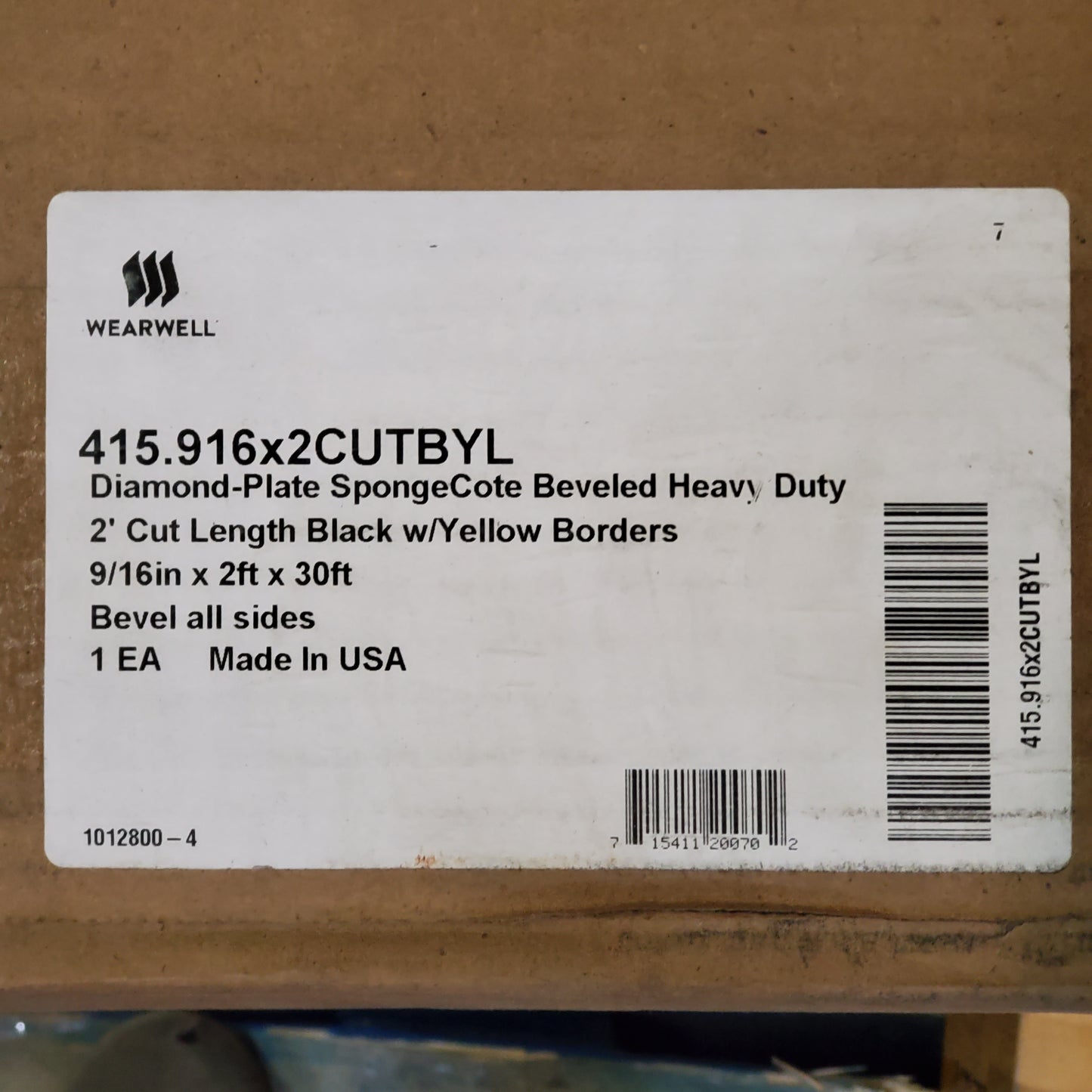 WEARWELL Diamond Plate Spongecote Beveled Floor Mat 9/16"x2'x30' Black/yellow 415.916X2CUTBYL