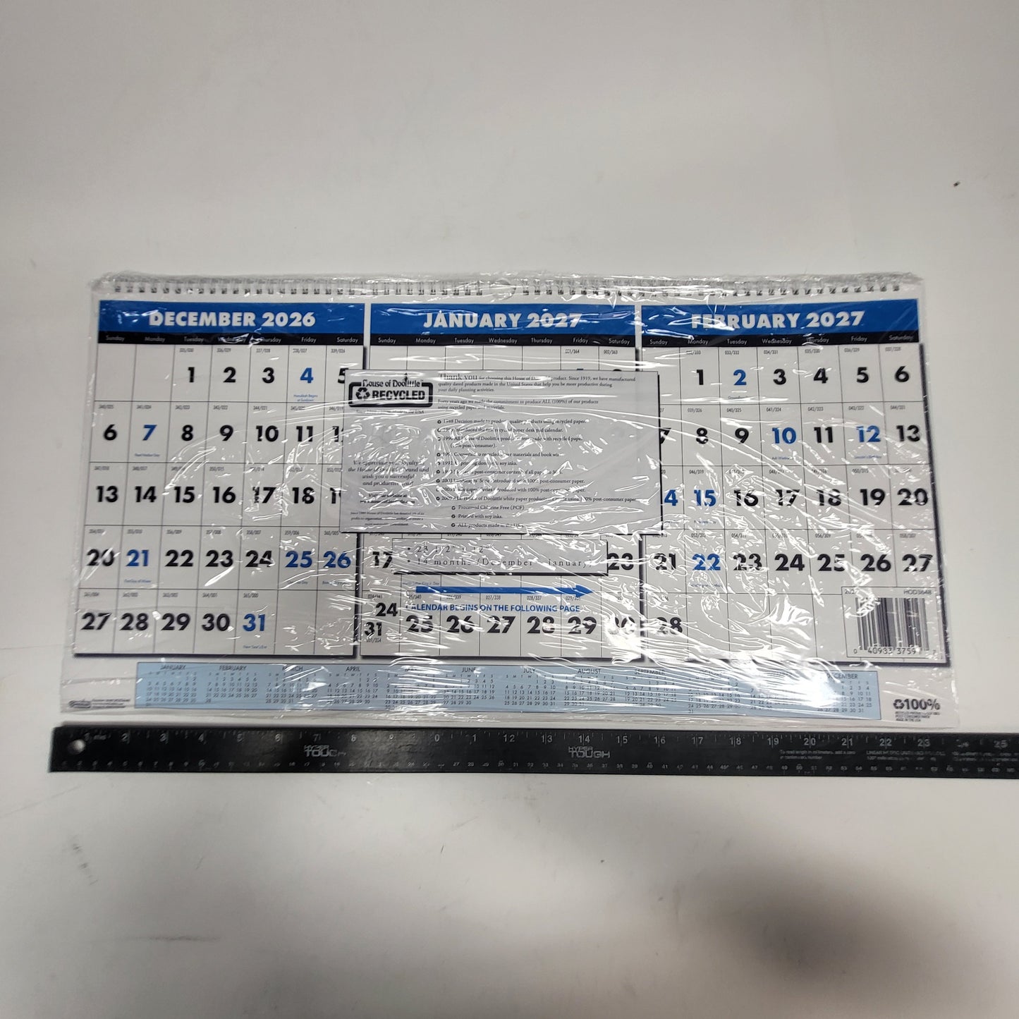 HOUSE OF DOOLITTLE (3 PACK) Recycled 3-month Wall Calendar Horizontal 26"X12.5"