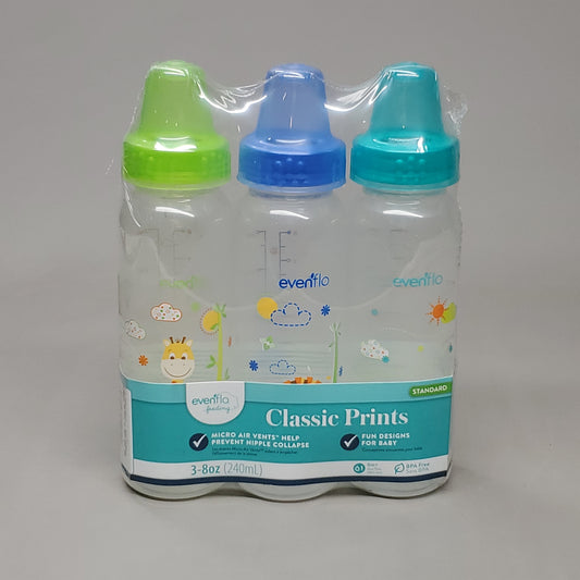 EVENFLO Classic Prints Fun Design Standard Baby Bottles 8 oz 3 Colors Blue/Green 1338311 (New)