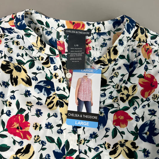CHELSEA & THEODORE Sleeveless Blouse Women's Size L Bash Floral White 2165072 (NEW)