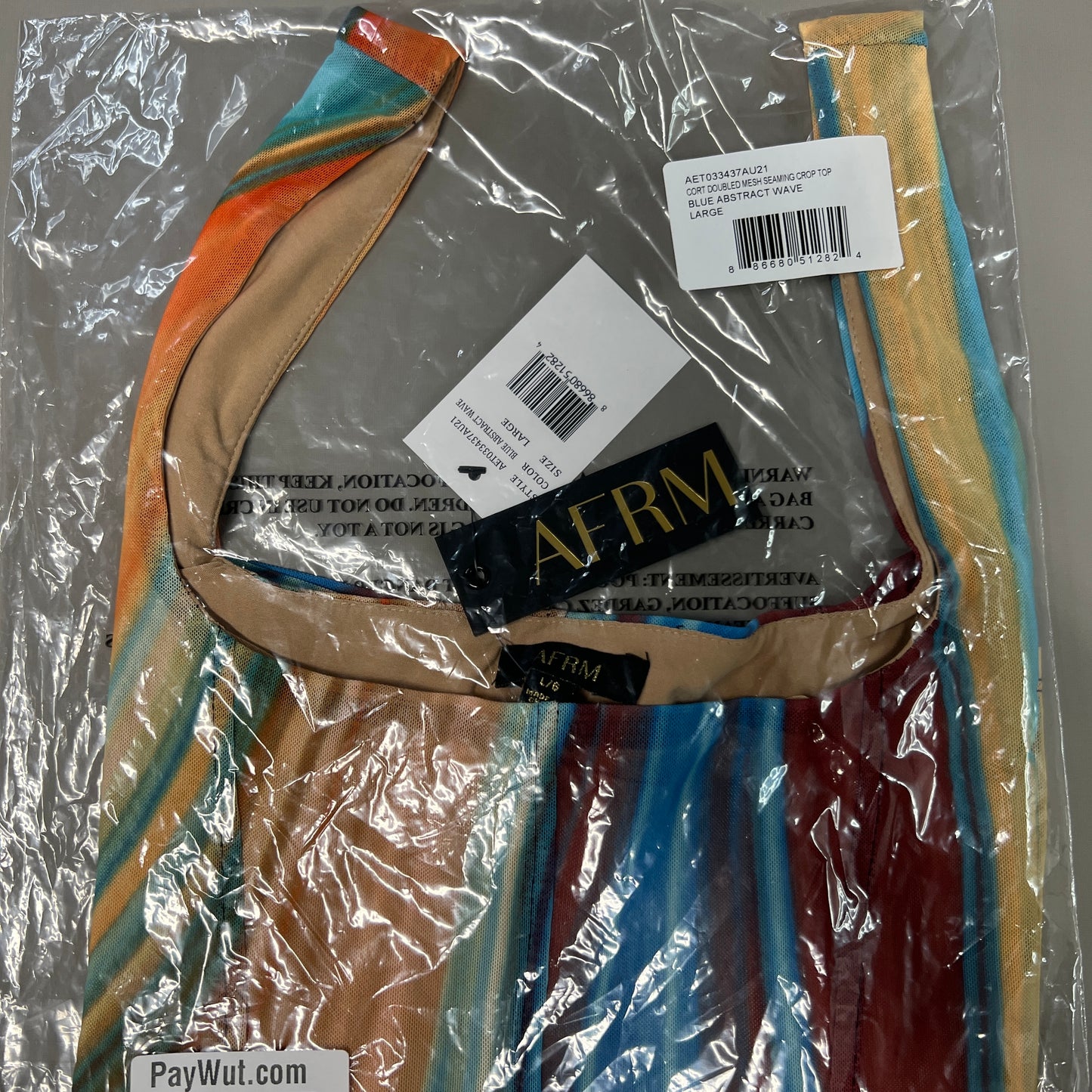 AFRM Cort Doubled Mesh Seaming Crop Top Women's L Blue Abstract Wave AET033437AU21 (New)