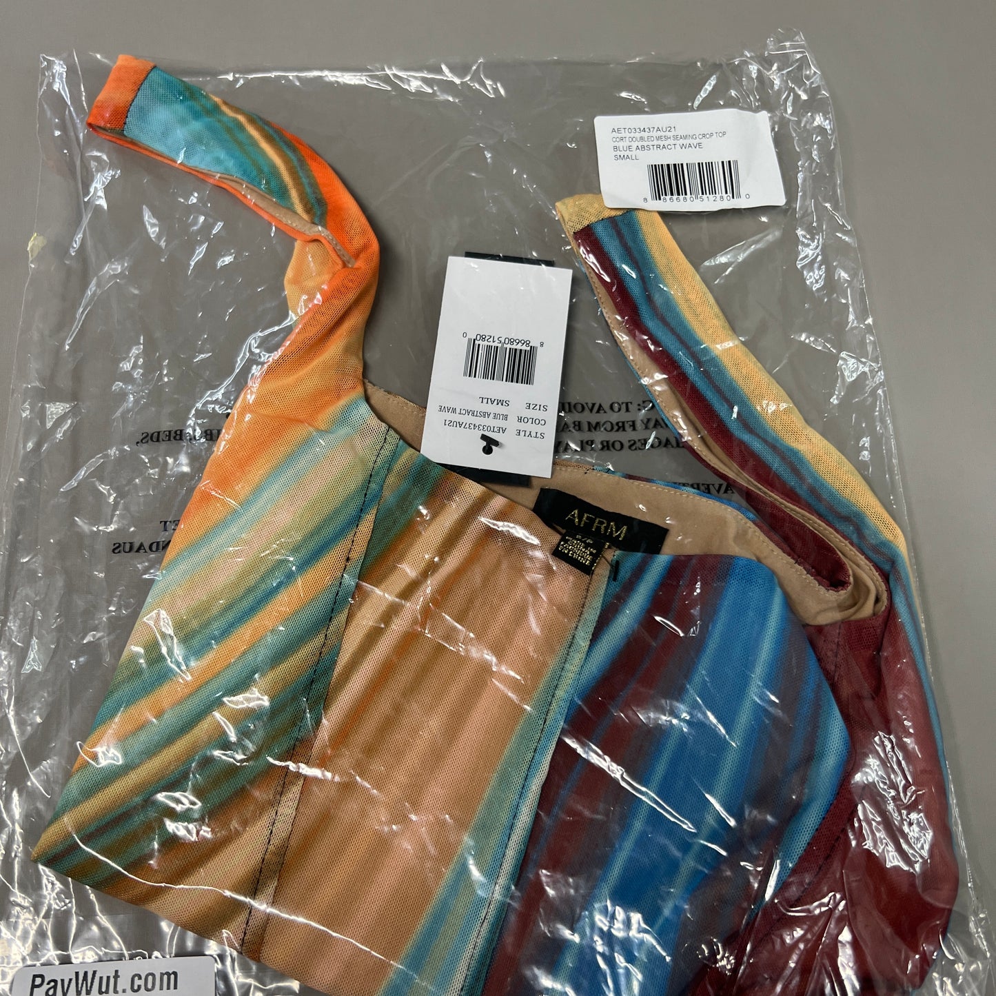 AFRM Cort Doubled Mesh Seaming Crop Top Women's S Blue Abstract Wave AET033437AU21 (New)