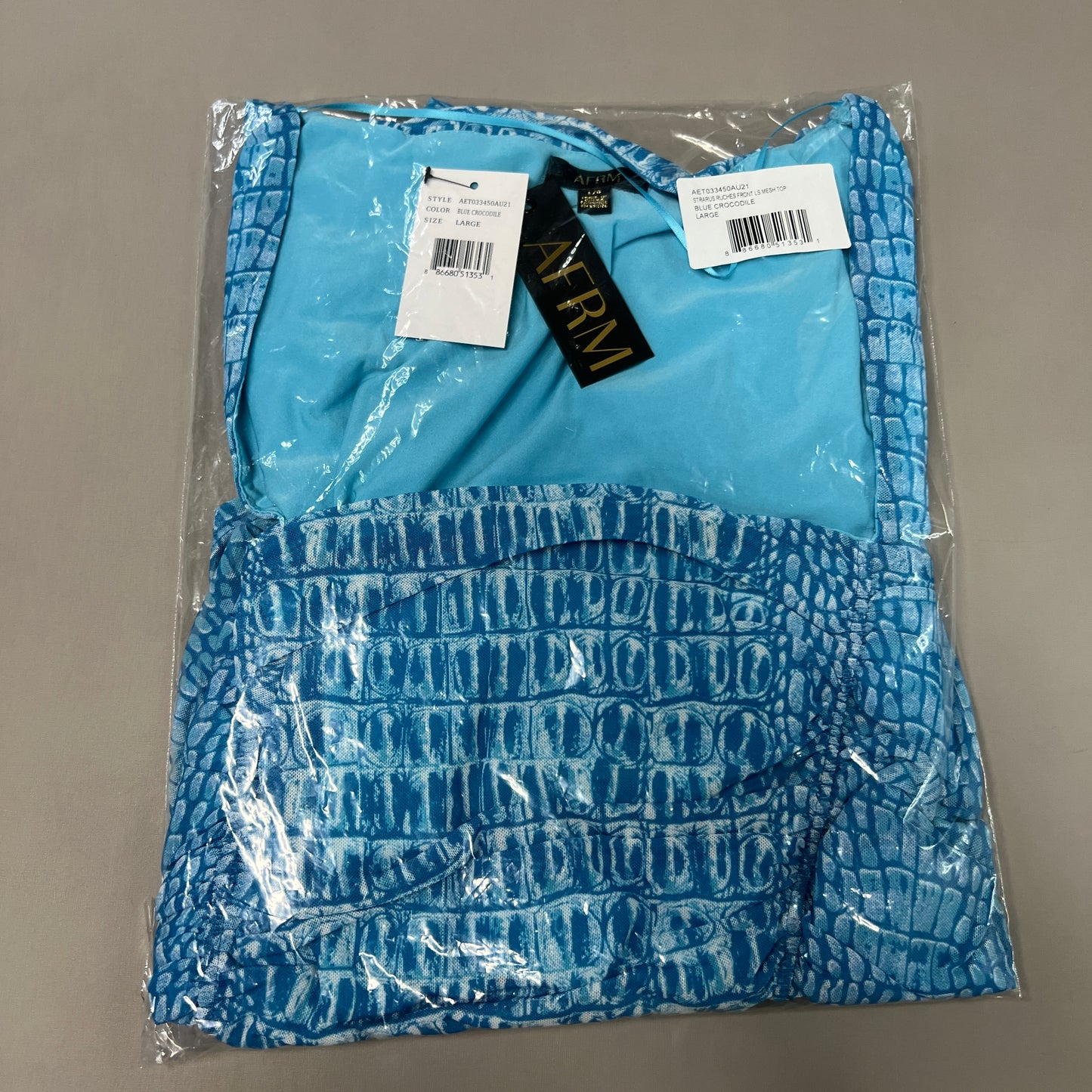 AFRM Strarus Ruches Front LS Mesh Top Women's L Blue Crocodile AET033450AU21 (New)