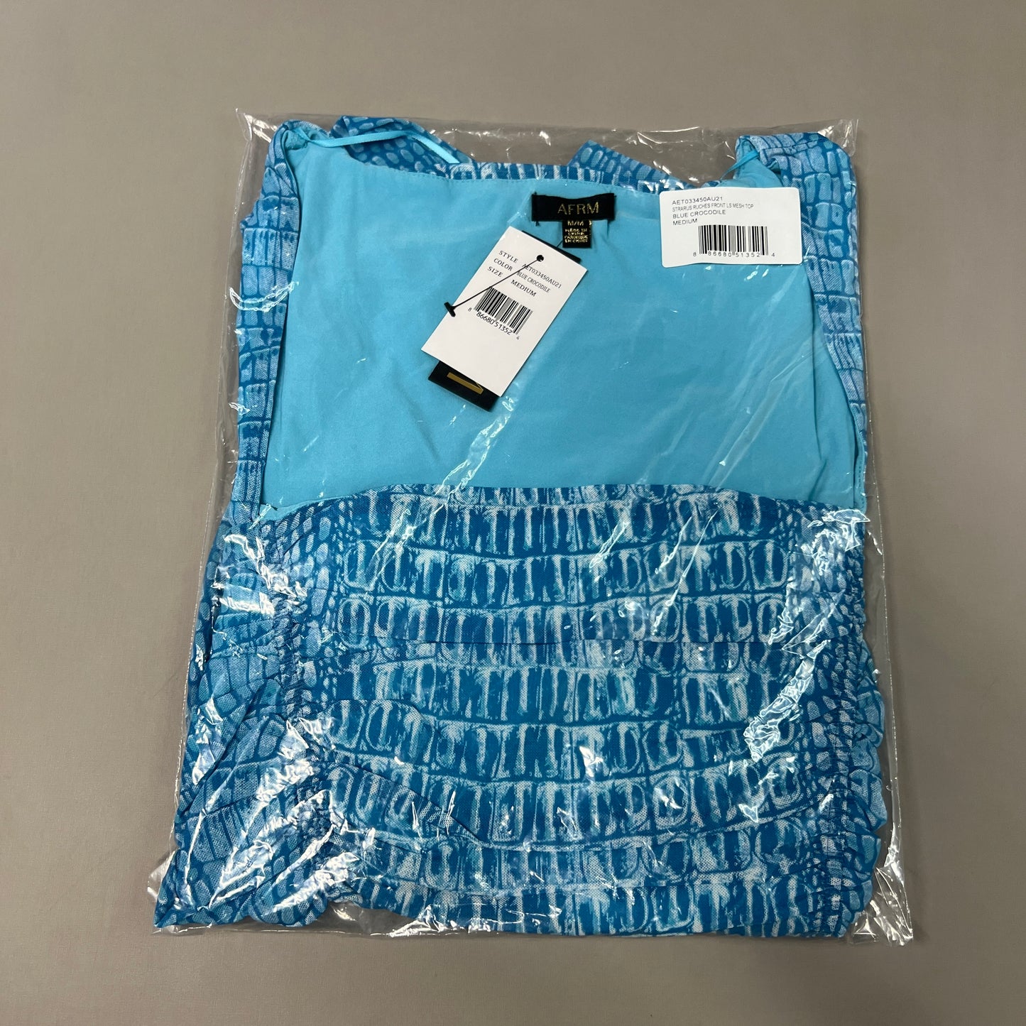 AFRM Strarus Ruches Front LS Mesh Top Women's M Blue Crocodile AET033450AU21 (New)