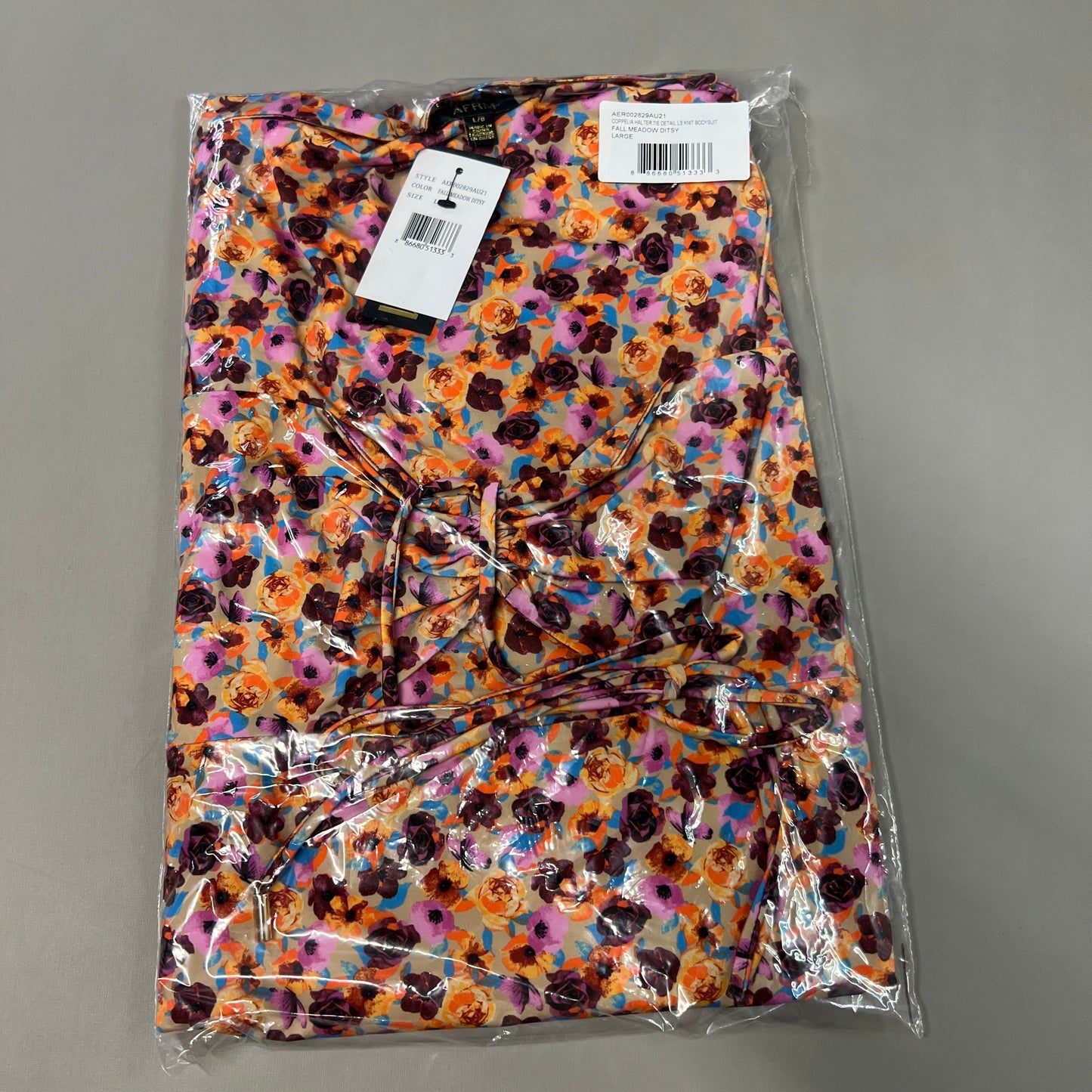 AFRM Coppelia Halter Tie Detail LS Knit Bodysuit Women's L Fall Meadow Ditsy AER002829AU21 (New)