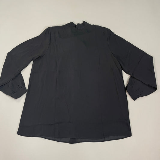 MARTHA STEWART Woven Front Button Blouse Top Tie Neck Women's Sz L Francesca Black (New)