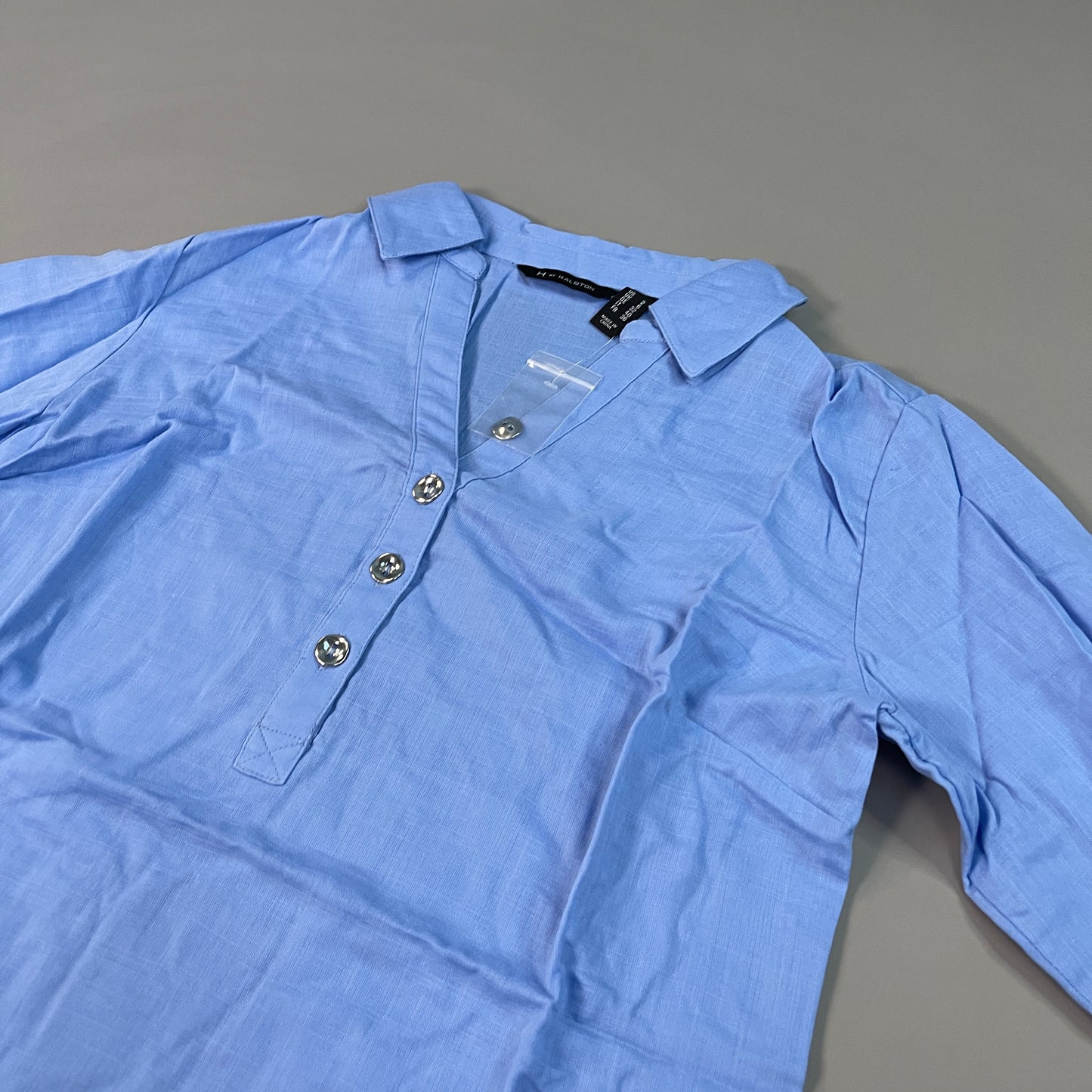 H BY HALSTON Collared 1/4 Button Top V-Neck Women's Sz 2 Reg Blue Iris (New)