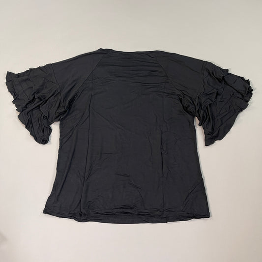 DU JOUR Ruffle Short Sleeve Swoop Neck Top Women's Sz S Black (New)