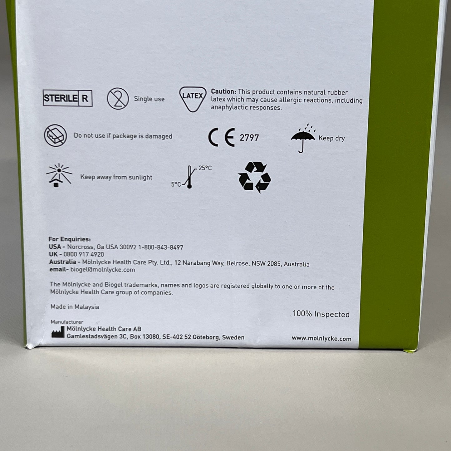 MOLNLYCKE Biogel Latex Surgical Indicator Underglove SZ 7.5 Green 50 Pairs 31275 (New)