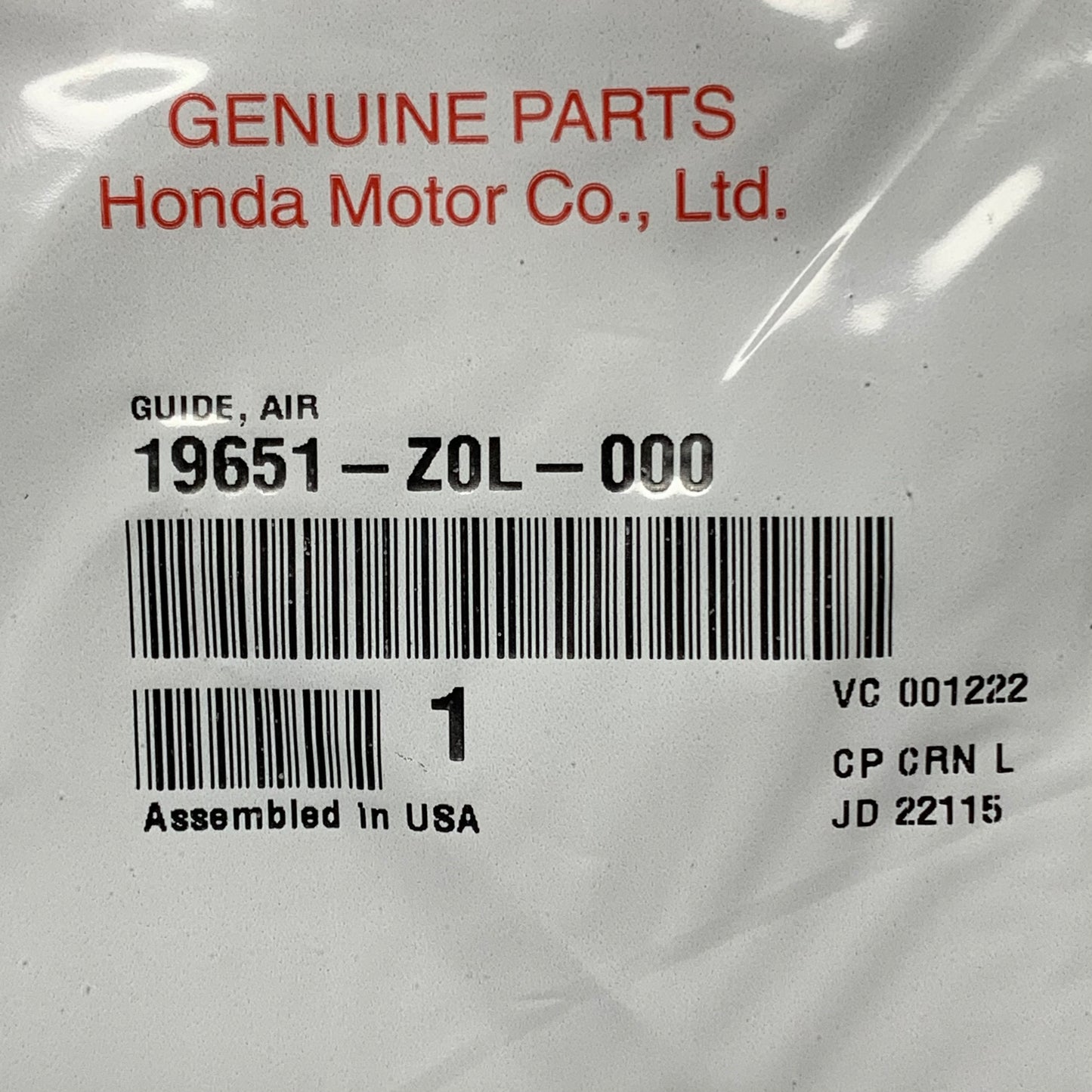 HONDA Air Guide Gasket 19651-Z0L-000 for GCV160, GCV190 and GSV190 OEM (New)