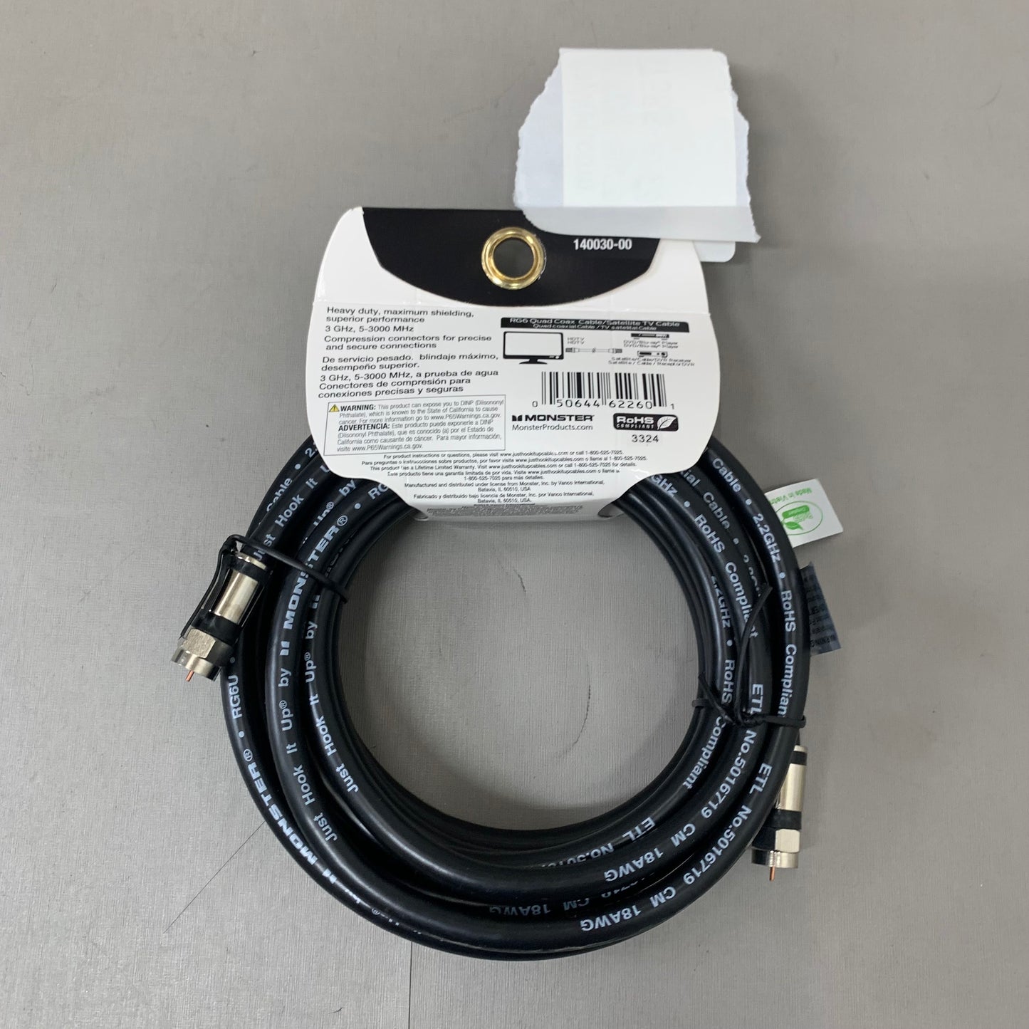 MONSTER (2Pack) RG6 Quad Coax Satellite Tv Cables 6ft, 12ft Black 140036-00,140030-00