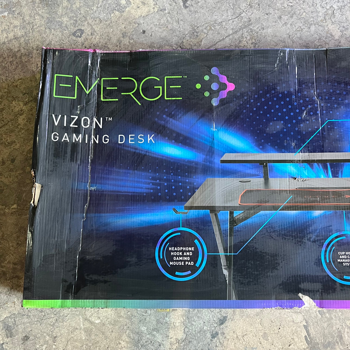 EMERGE Vizon Gaming Desk-computer Table with Headphone Hook, Cup Holder & Gaming Mouse Pad Sz 35"H x 47.2-54.3"W x 26.6"D - Black 59260