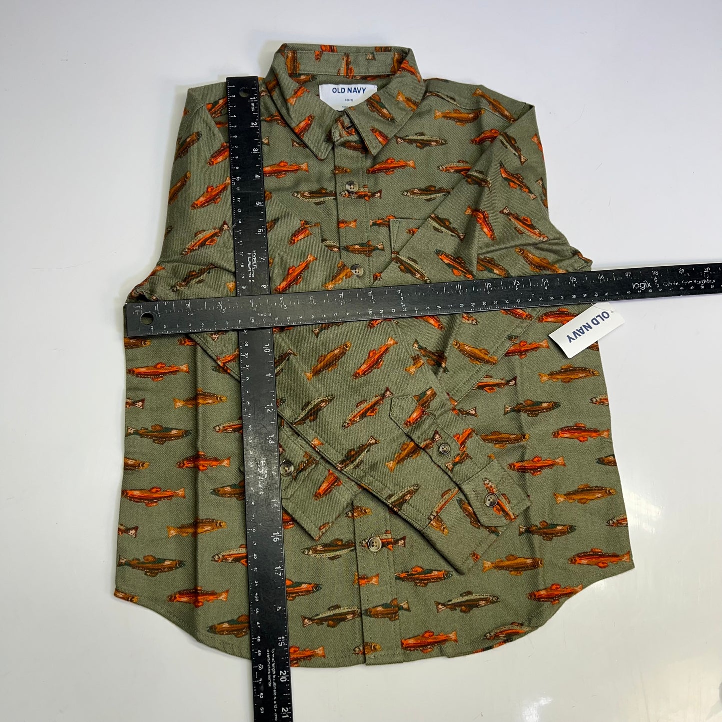 OLD NAVY Printed Fish Pattern Long Sleeve Fennel Pocket Shirt Boy's Sz S Green