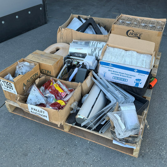 ZA@ Pallet of MIXED Paper Cups, Brackets, Fenders, Mate, Plumbing Parts, Hot Cup Sleeves, Bike Fender, & MORE! (AS-IS)