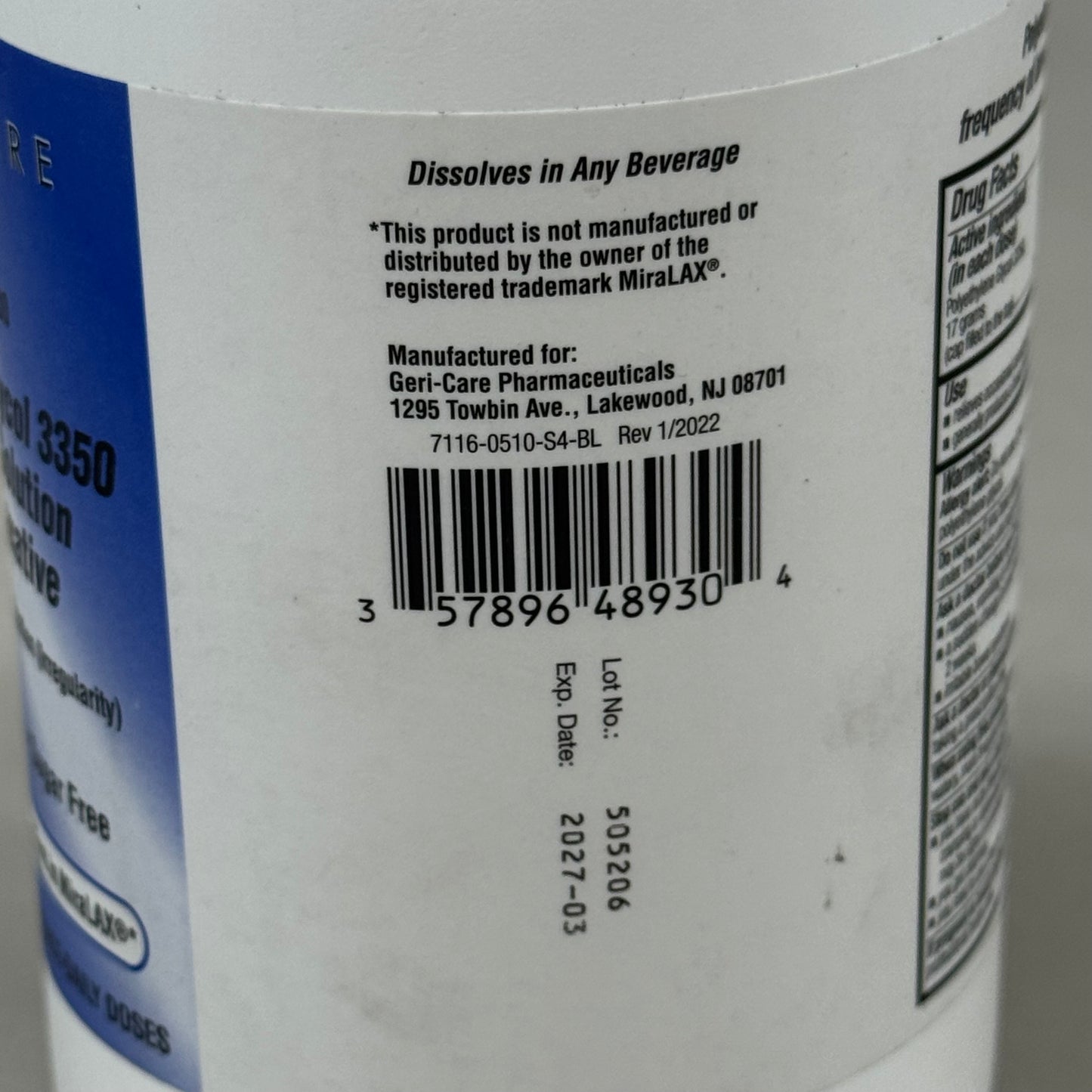 GERI CARE (2 Pack, 30 Doses Each) Polyethylene Gycol Powder For Solution Osmotic Laxative 17.9oz