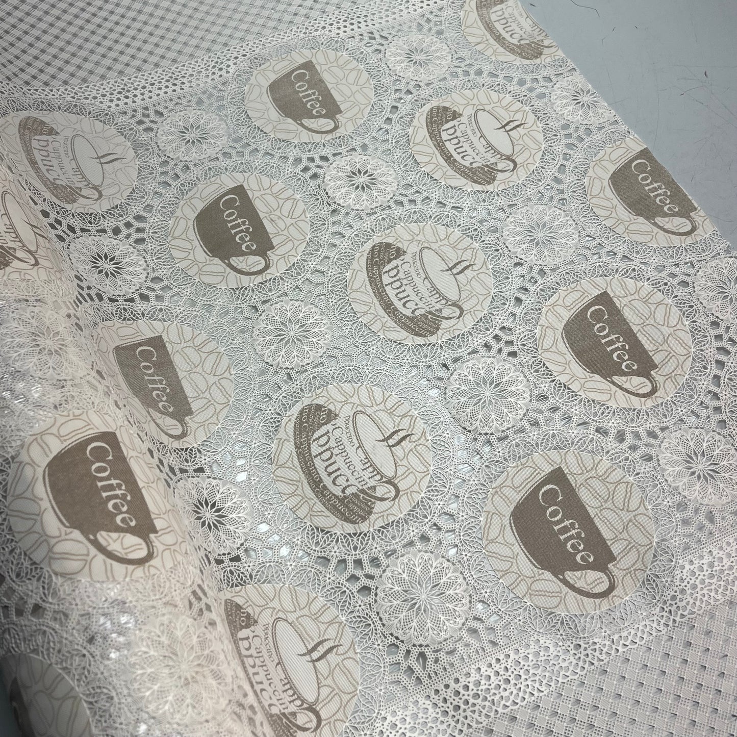 PVC Floral Lace Coffee Mugs Pattern Dinning Table Cloth 54"x60' White/Brown