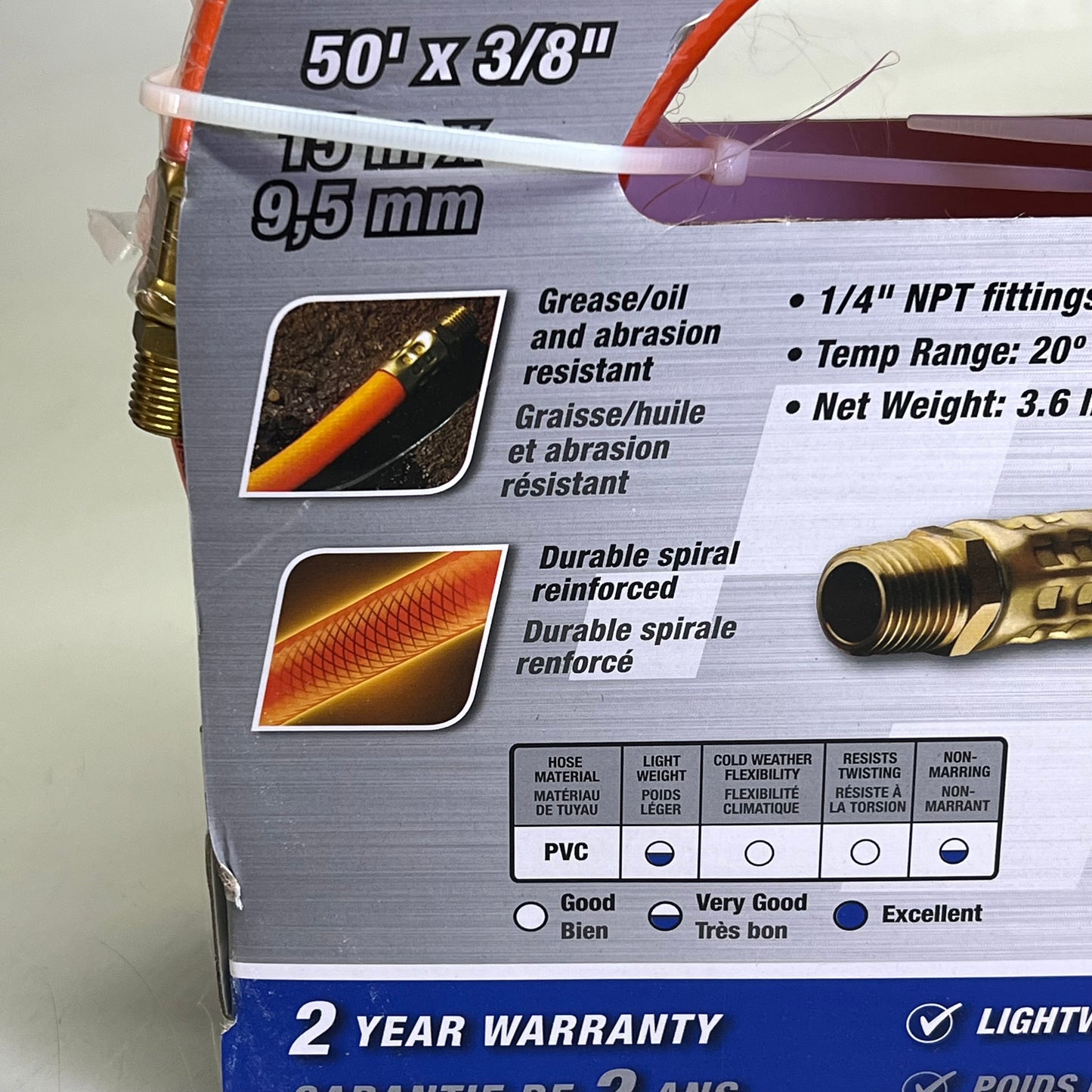 TRU-FLATE PVC Air Hose 1/4" NPT Fittings 300 PSI 50' x 3/8" Orange 576-50A