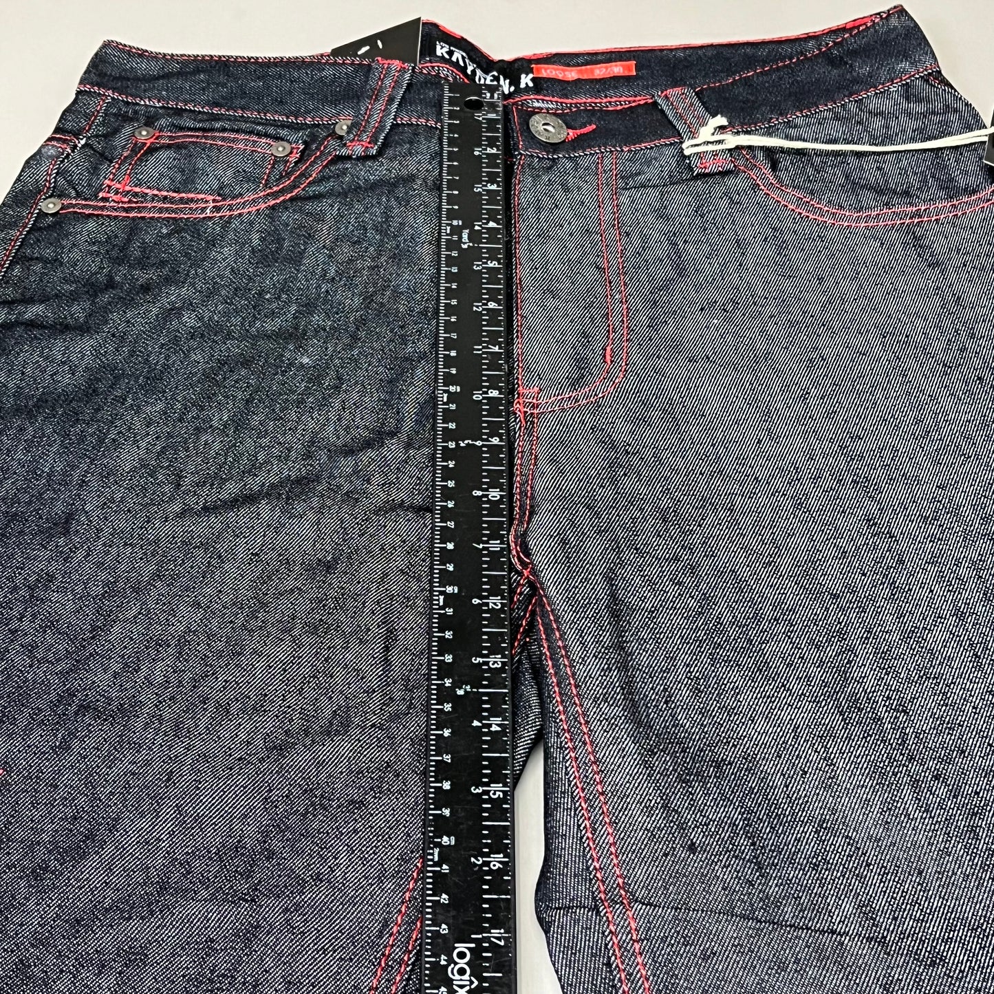 KAYDENK Raw Loose Fit Unwashed Denim Contrast Stitch Jean Men SZ 32/30 Black/Red