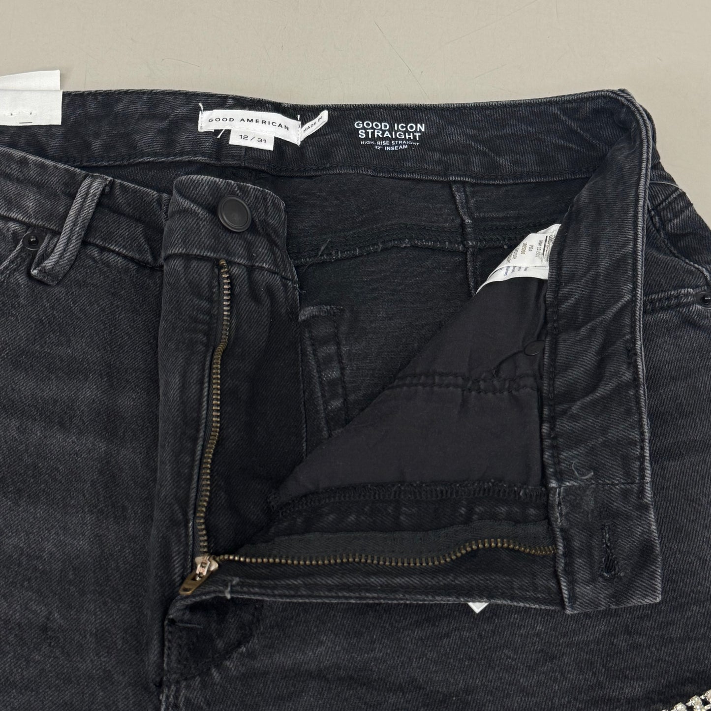 GOOD AMERICAN Good Icon Straight Jeans Women's Sz 12 Black376 GDS150B