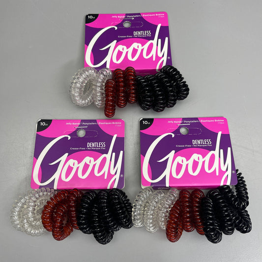 GOODY 3 Sets of 10! Jelly Bands Ponytailers 30 CT Black/Brown/Clear 3000214 (New)