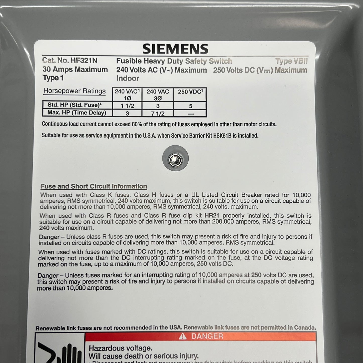 SIEMENS 30 Amp 3-pole Heavy Duty Fusible Safety Switch 240 VAC/250VDC HF321N
