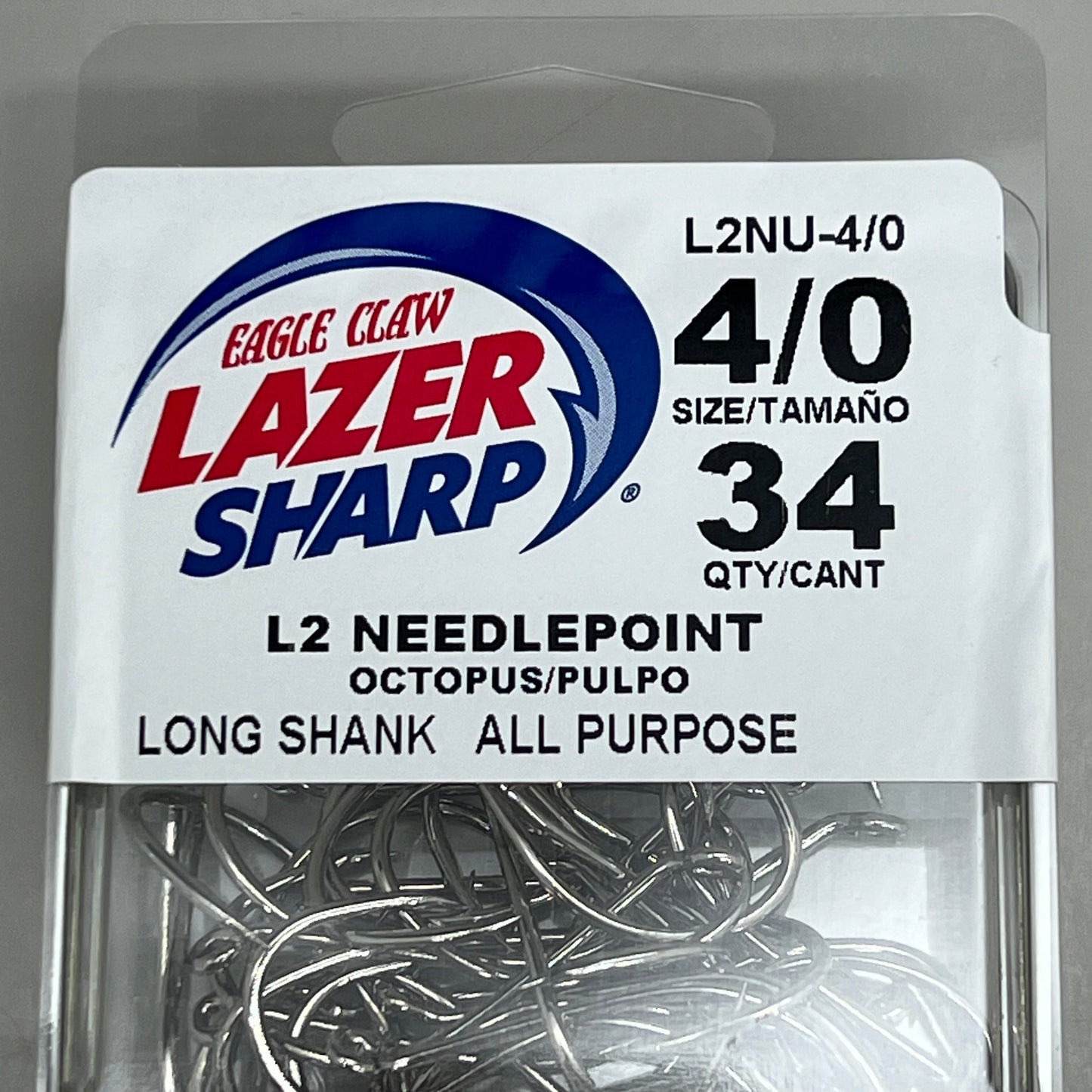 EAGLE CLAW Lazer Sharp L2 Needle Point Long Shank All Purpose #4/0 34pc L2NU-4/0