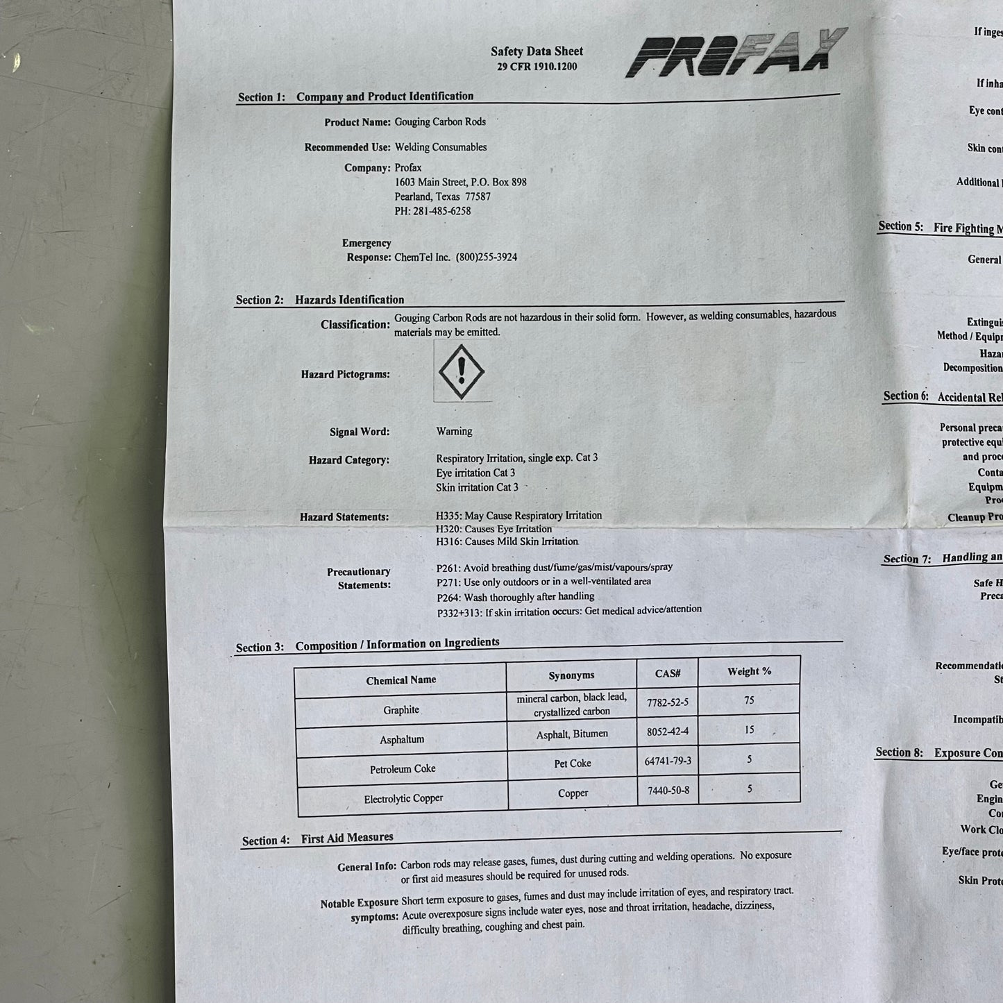 PROFAX (50 PK) Arc Gouging Carbons, 350~450 Amps DC 3/8"x5/32"x12" 00364OG103007