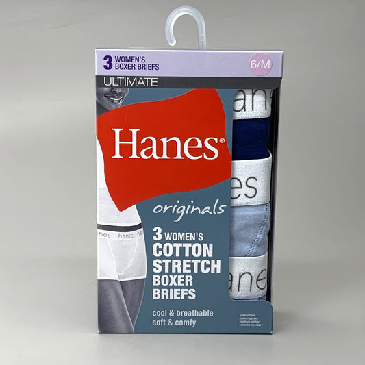 HANES 3 PACK!! Originals Women's Breathable Cotton Boxer Briefs Underwear Sz M Blue 45OUBB