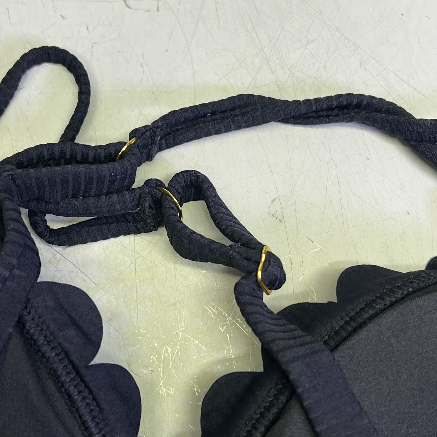 CHARMO Scalloped High Waist Tummy Control Bikini UPF 50 Women's Sz L Black