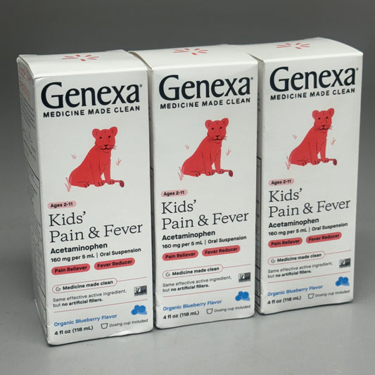 GENEXA (3 Pack, 4 oz each) Acetaminophen Kids’ Pain & Fever Blueberry BB 12/24