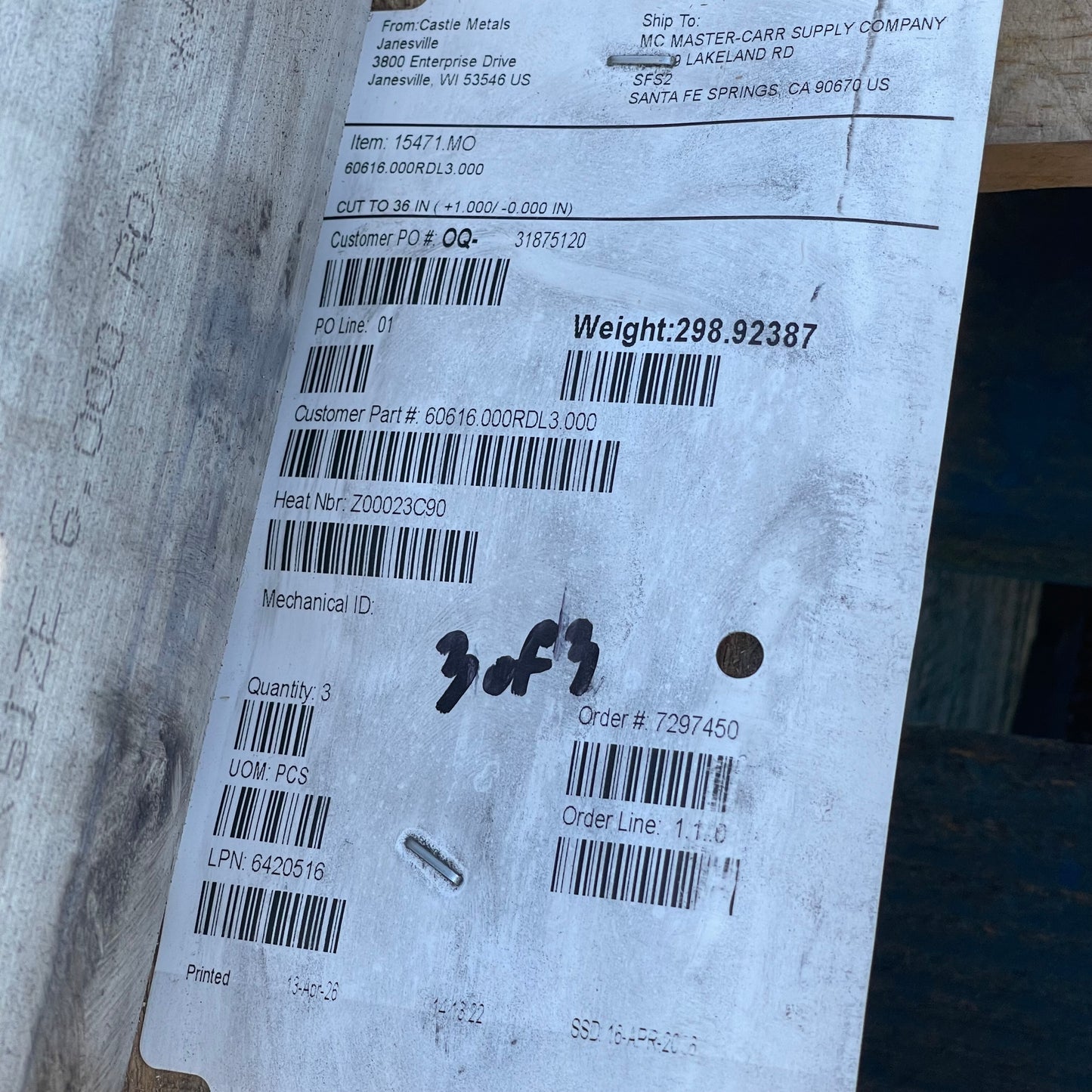 Z@ CASTLE METALS Aluminum Cylinders for Machining 36”x6” ~299 lbs (New)