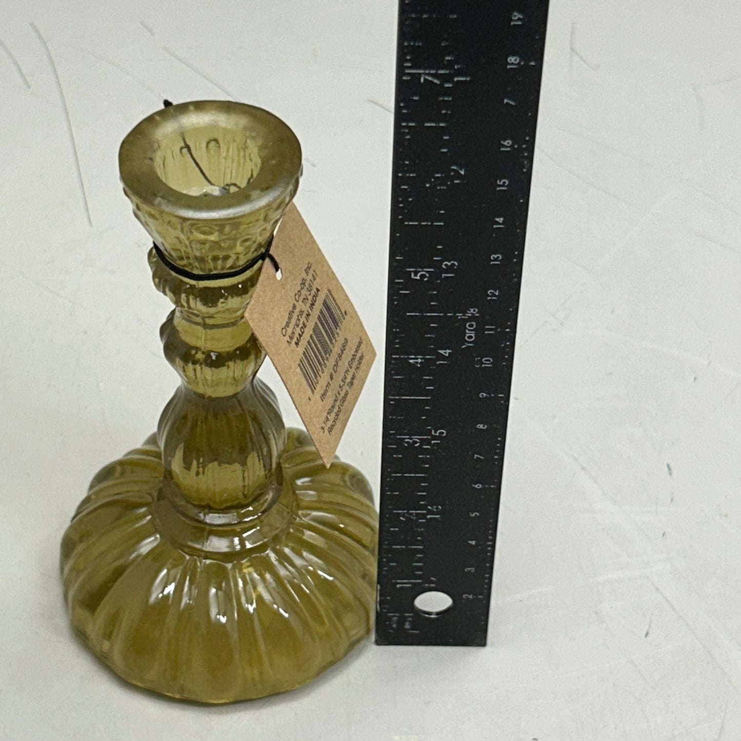 CREATIVECO-OP (2 PACK) Embossed Recycled Glass Taper Holder 3-1/4" Round, 5-3/4" Height Tinted Yellow/Gold DF8489