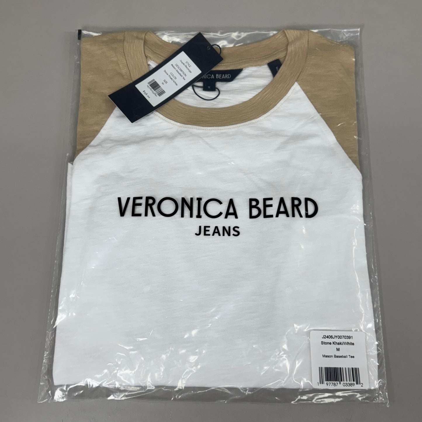 VERONICA BEARD Jeans Women's Mason Baseball Tee Sz-M Stone Khaki/White