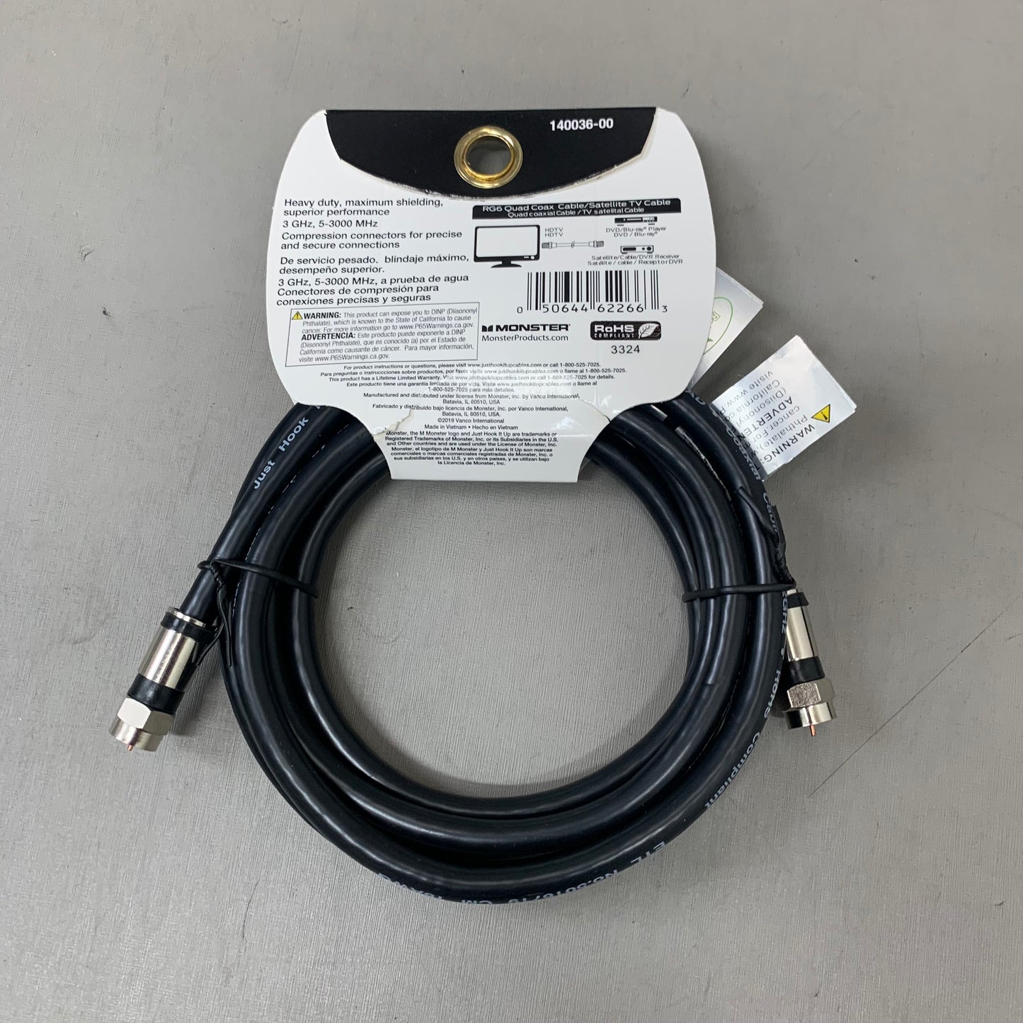 MONSTER (2Pack) RG6 Quad Coax Satellite Tv Cables 6ft, 12ft Black 140036-00,140030-00