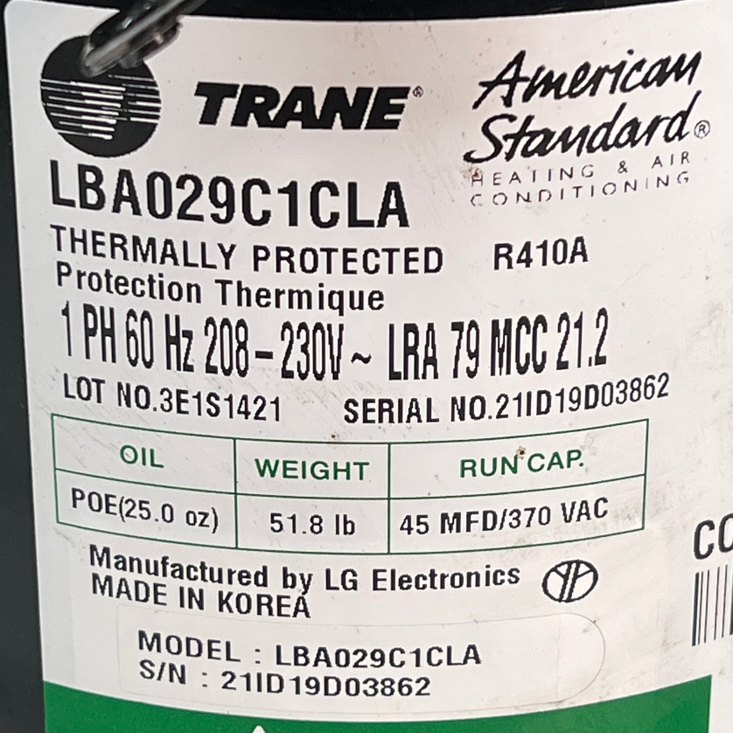 TRANE 2.5 Ton Compressor For Use W/ R410A Refrigerant 230 V COM11967 (As-is)