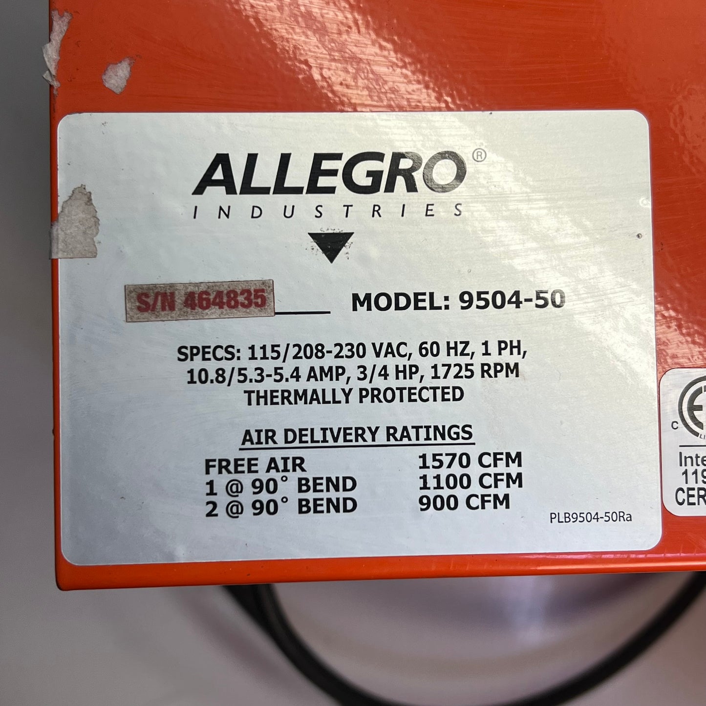 ALLEGRO Centrifugal High Output Blower W/ Attachments Orange 9504-50 (Pre-Owned)