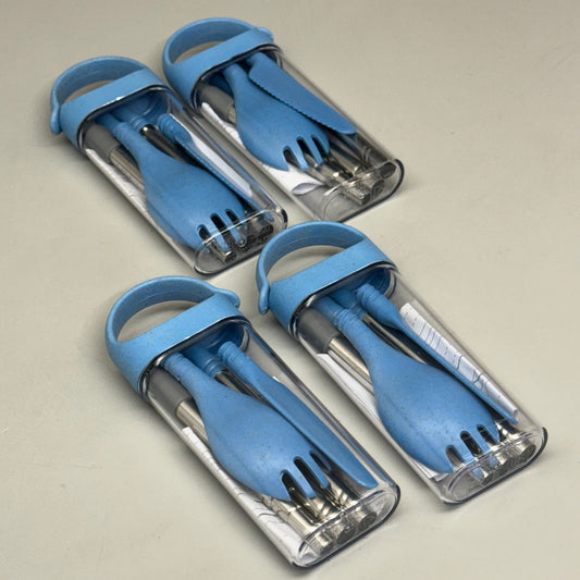 SWEDA (4 PACK) Travel Utensils Spork & Knife w/ Case Metal Set Blue