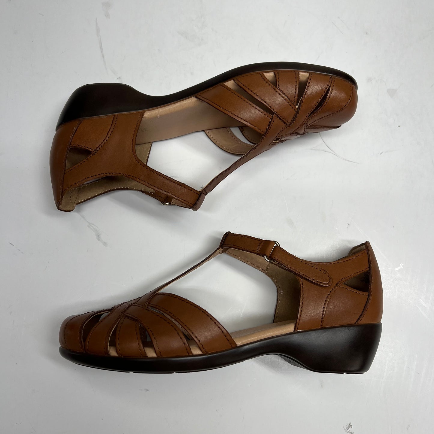EASY SPIRIT Darlyn T-strap Woven Flats Women's Sz 8M Brown Leather (As-Is)