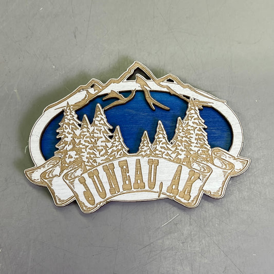 Z@ (2 PACK) Mountain Range Laser Cut Wood Magnet Souvenir JUNEAU, AK Made In USA