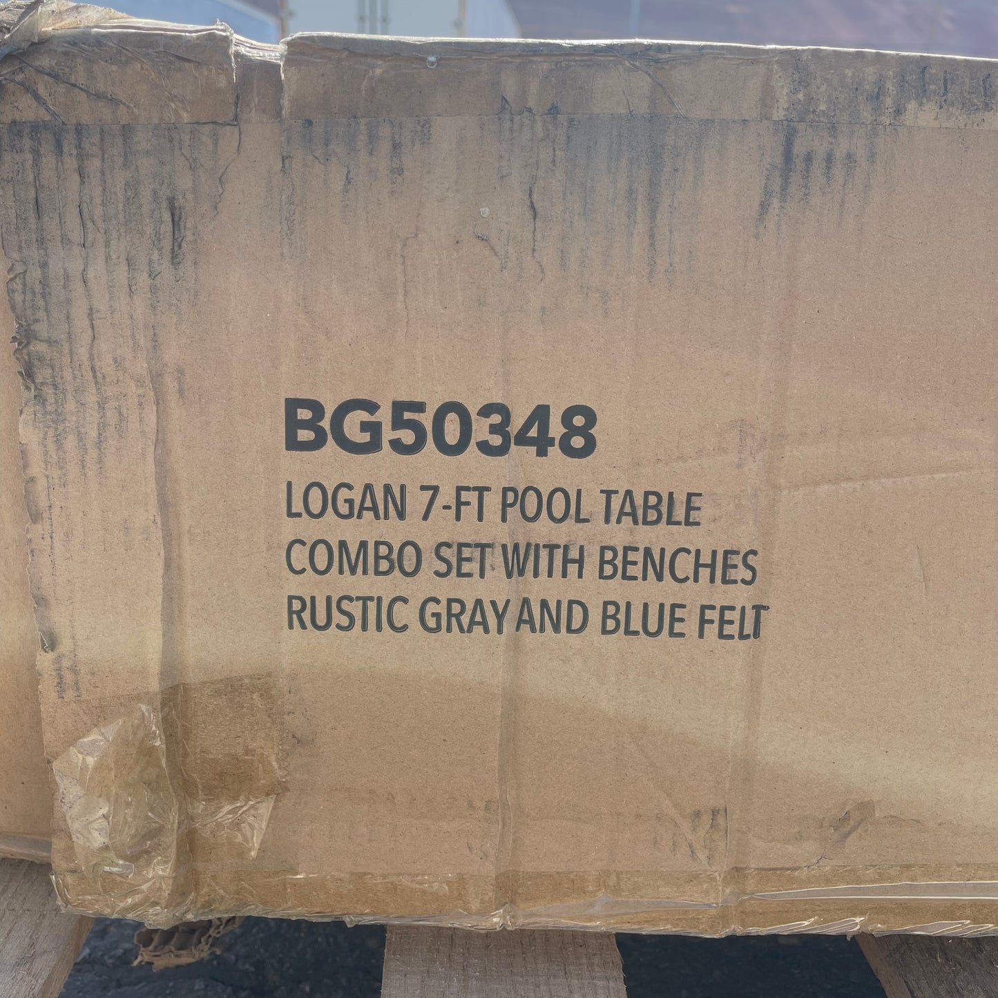 ZA@ HATHAWAY LOGAN 7-ft Pool Table Combo Set w/ Benches, Rustic Gray w/ Blue Felt BG50348 (AS-IS, damaged felt)